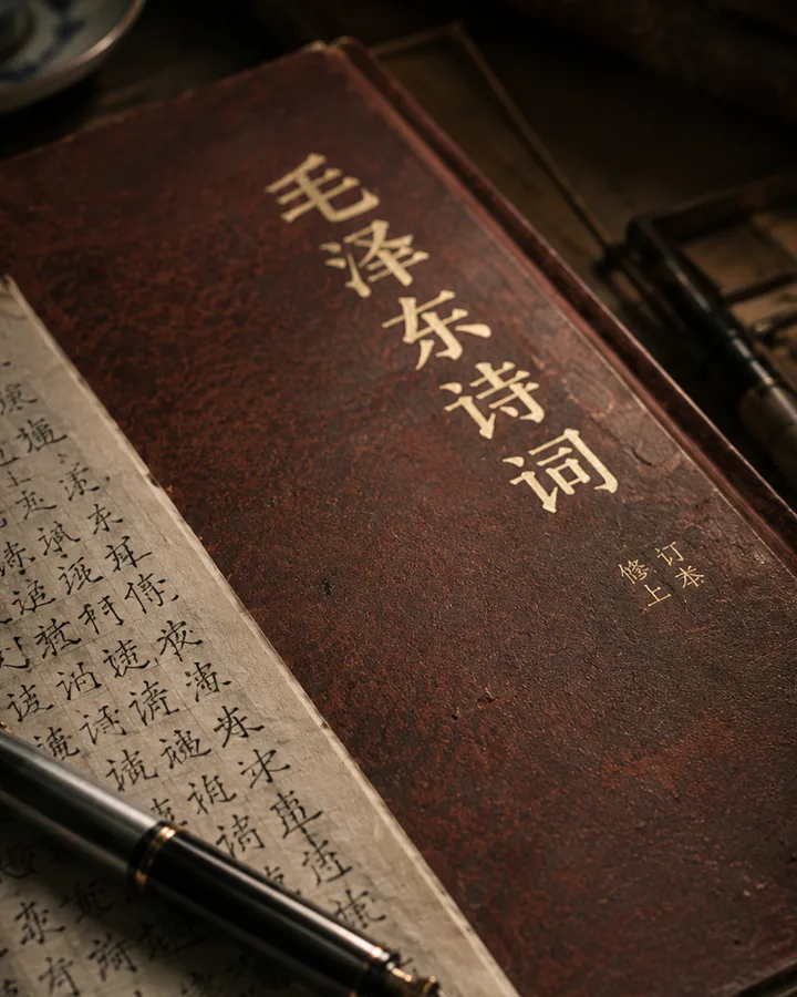 书桌上的《毛泽东诗词》、手写页与钢笔